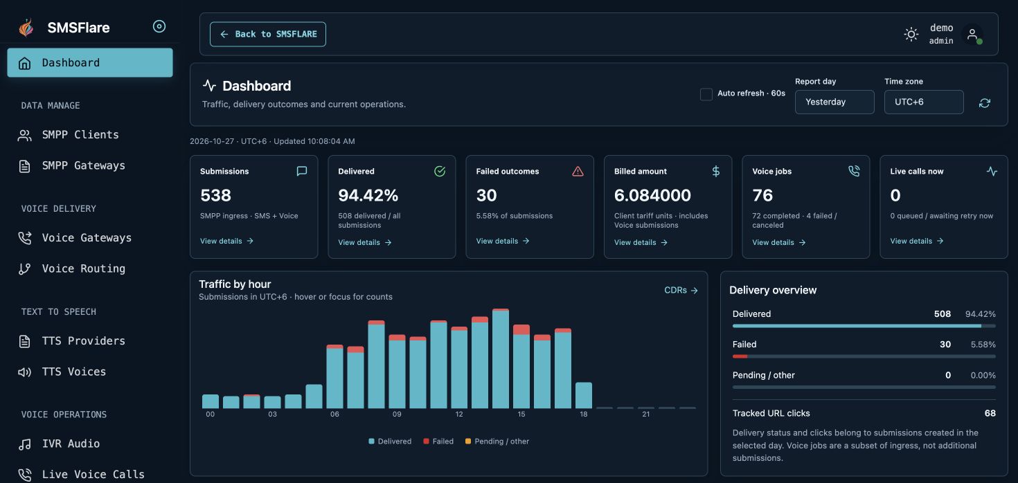 Dashboard with fictional SMS and Voice traffic