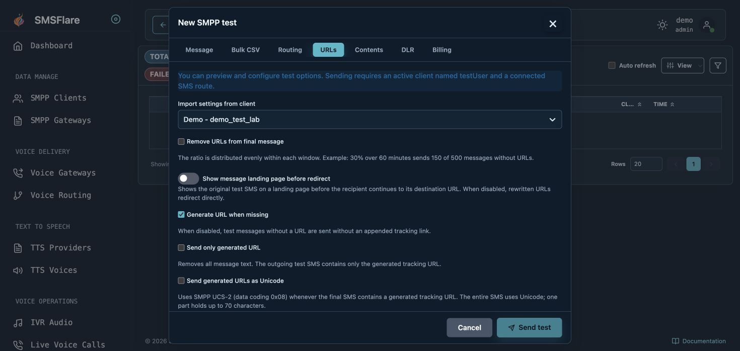 Test URL controls