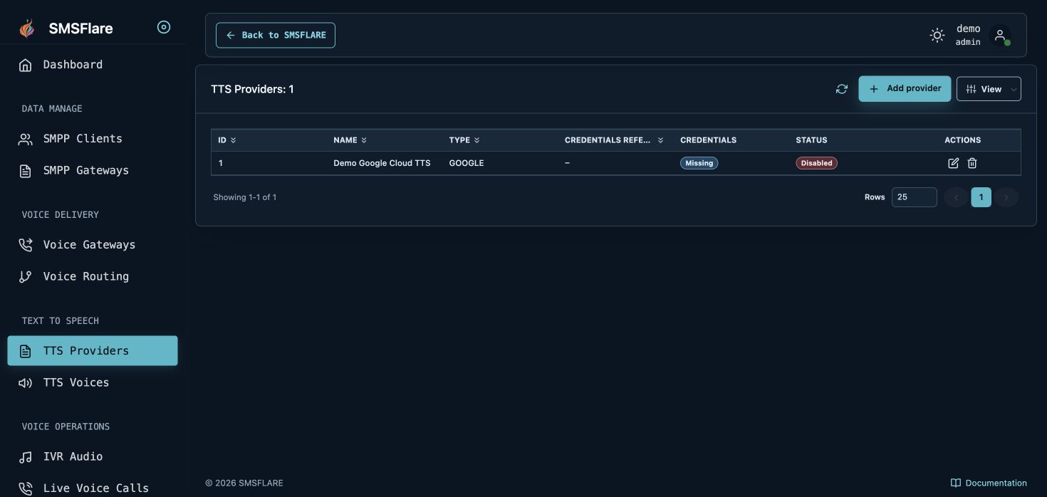 TTS providers and credential status